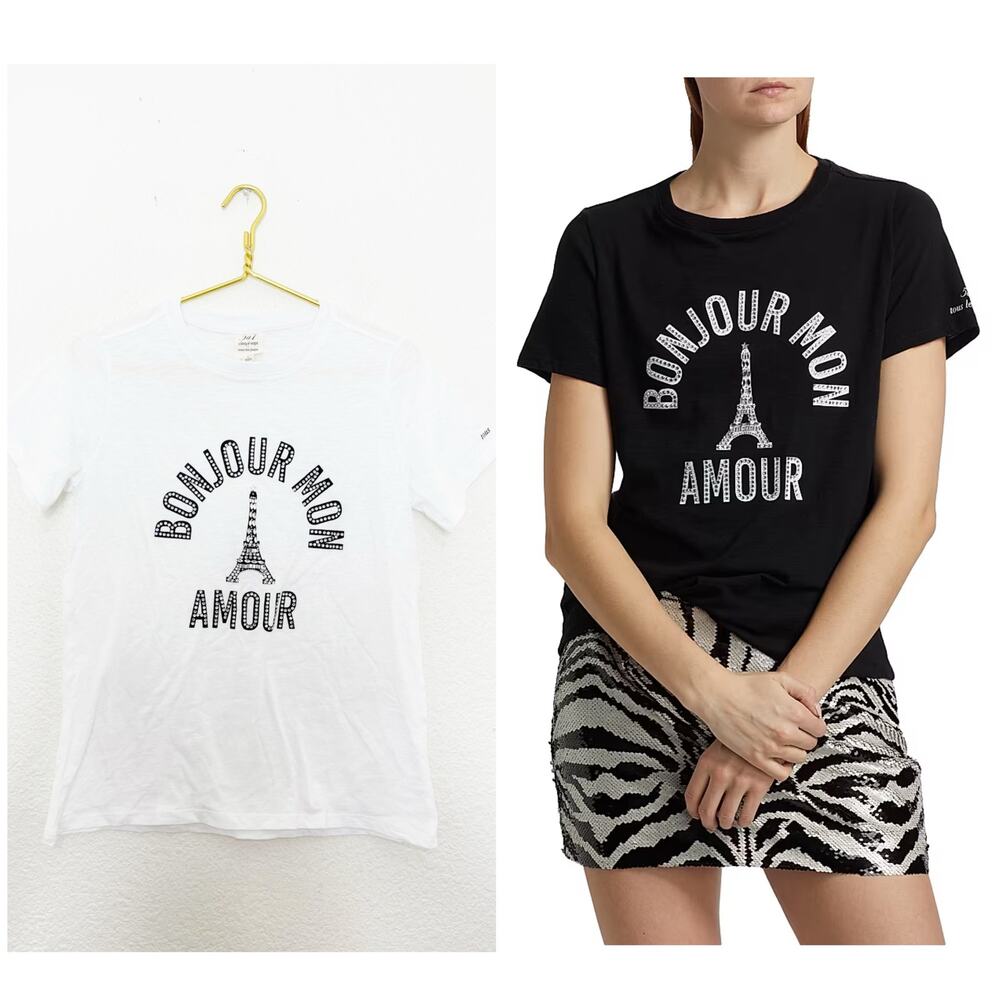 Cinq A Sept Bonjour Mon Amour Embellished Eiffel Tower Cotton T-Shirt Size Small